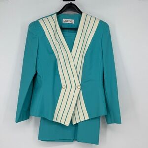 Lilli Ann Vintage 80s Teal White Striped Skirt Suit Set ILGWU Made in USA